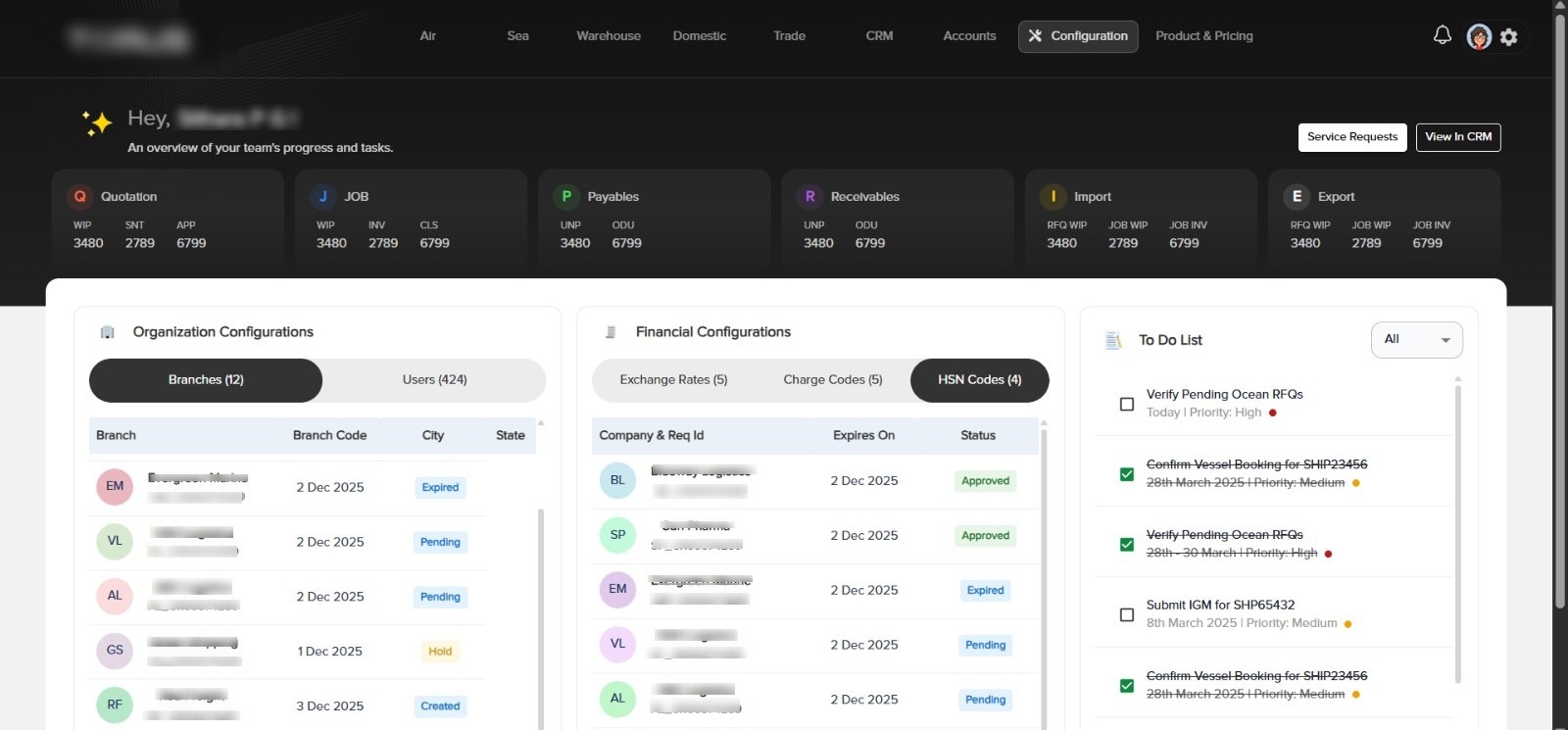 Sleek dark mode version of the logistics CRM interface
